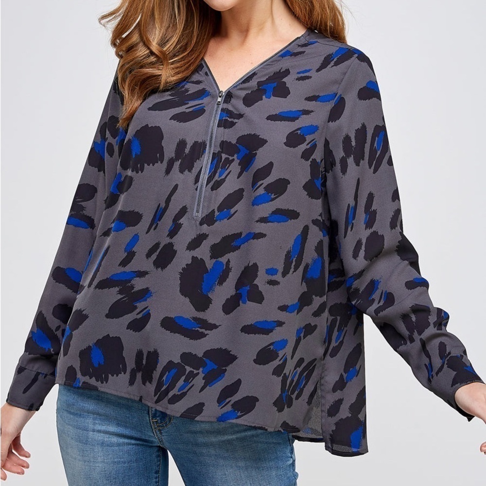 Evereve Peyton Jensen Gray Royal Blue Aimee Leopard 1/2 Zip Pullover Blouse Med